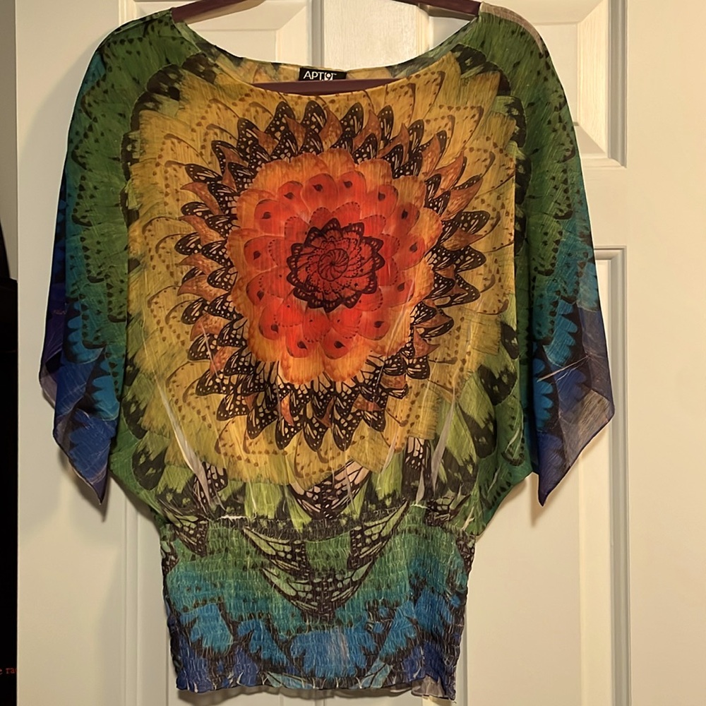 Stunning & flattering sheer top, elastic waist, scoop neck. Dress up or down.